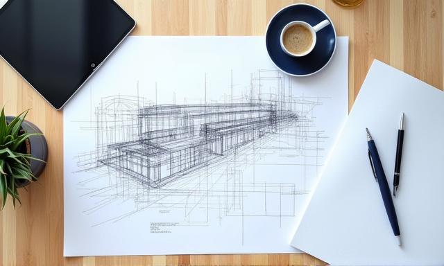 Modern creative office space with architectural drawings