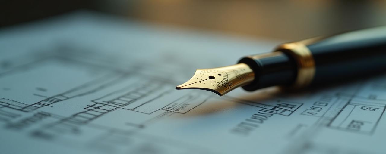 Close-up of a designer drafting technical blueprints with gold fountain pen