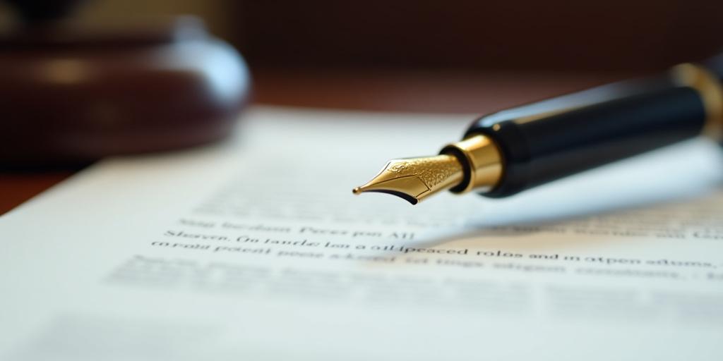 Close-up of a high-end fountain pen resting on a legal document in a London office