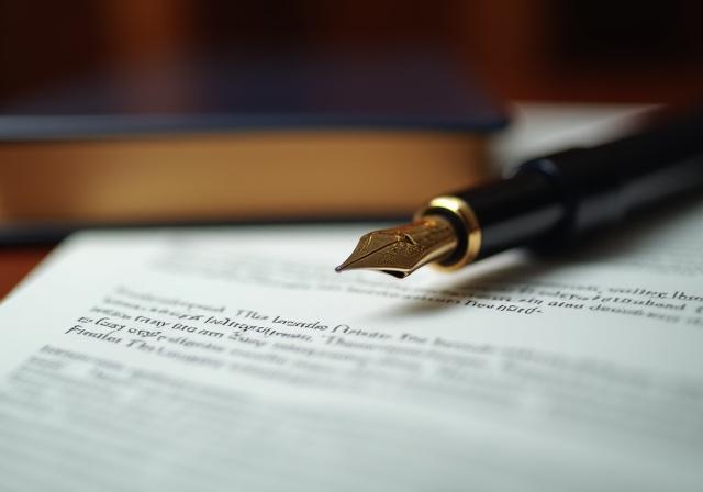 Close up of legal documents and a fountain pen on a mahogany desk