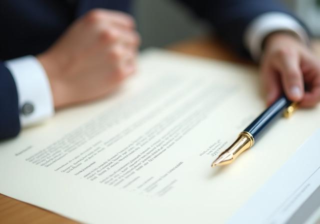 Close-up of a professional legal expert reviewing a contract with a gold fountain pen in London office