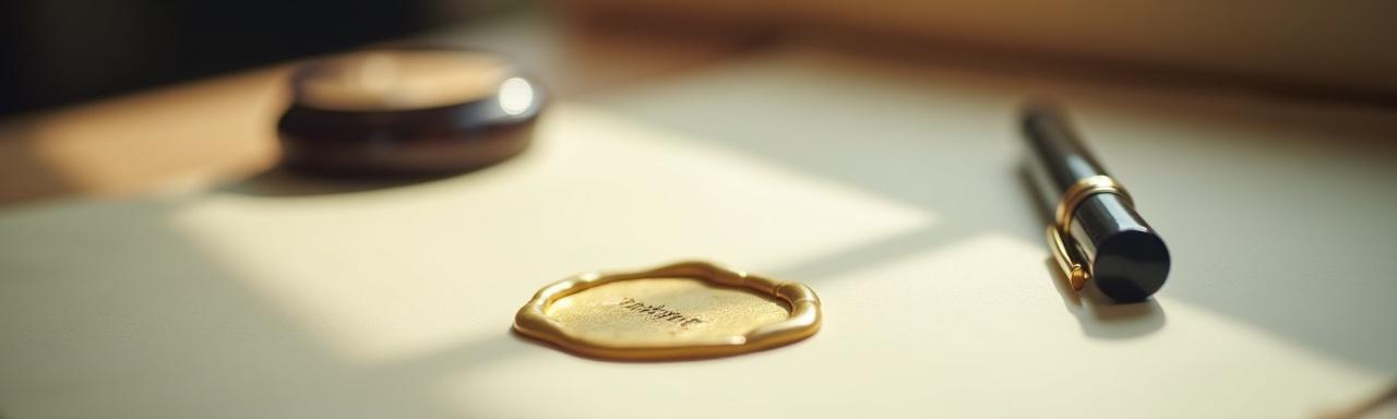Close-up of a legal document with a golden seal and a fountain pen